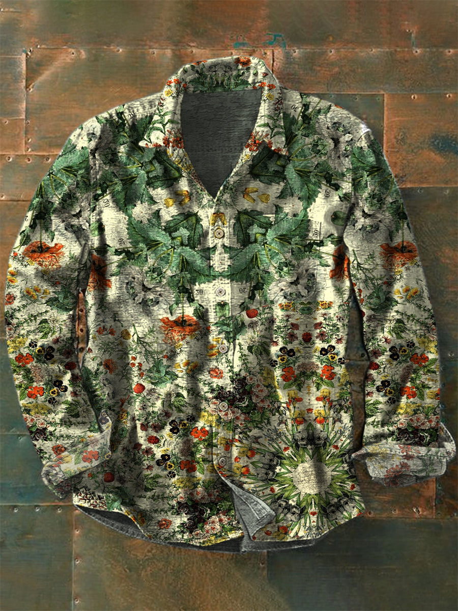 Retro Boho Floral Art Printed Western Vintage Unisex Casual Cotton Long Sleeve Shirt