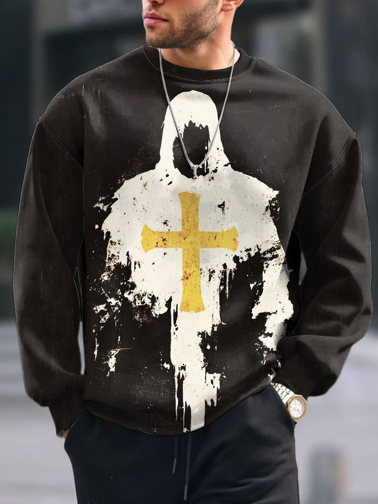 Men's Vintage Cross Print Crew Neck Casual Sweatshit