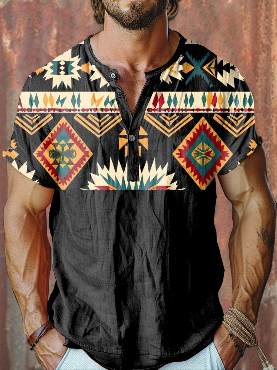 Retro Fashion Graffiti Print Casual Three Button Short Sleeve T-Shirt