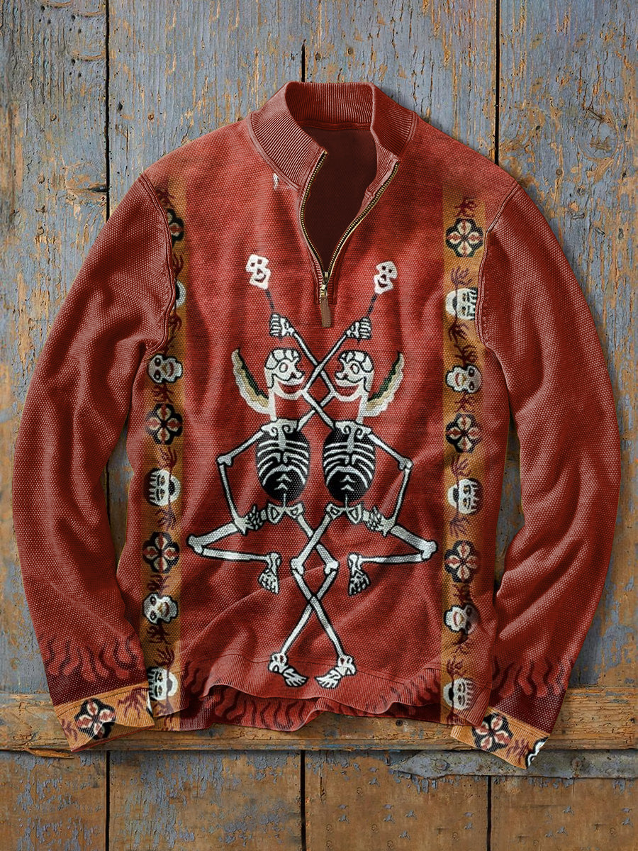 Retro Fashion Texture Print Casual Zipper Sweatshirt