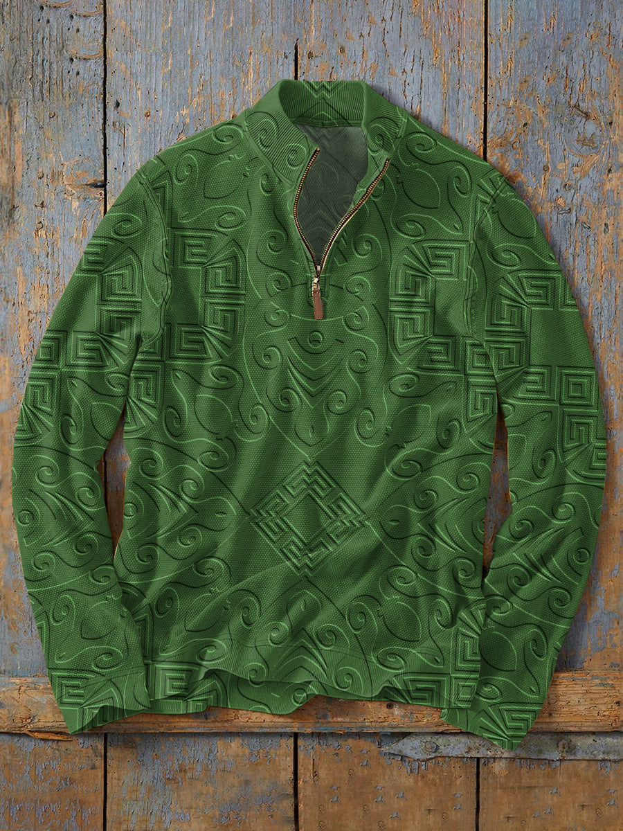 Retro Fashion Texture Print Casual Zipper Sweatshirt