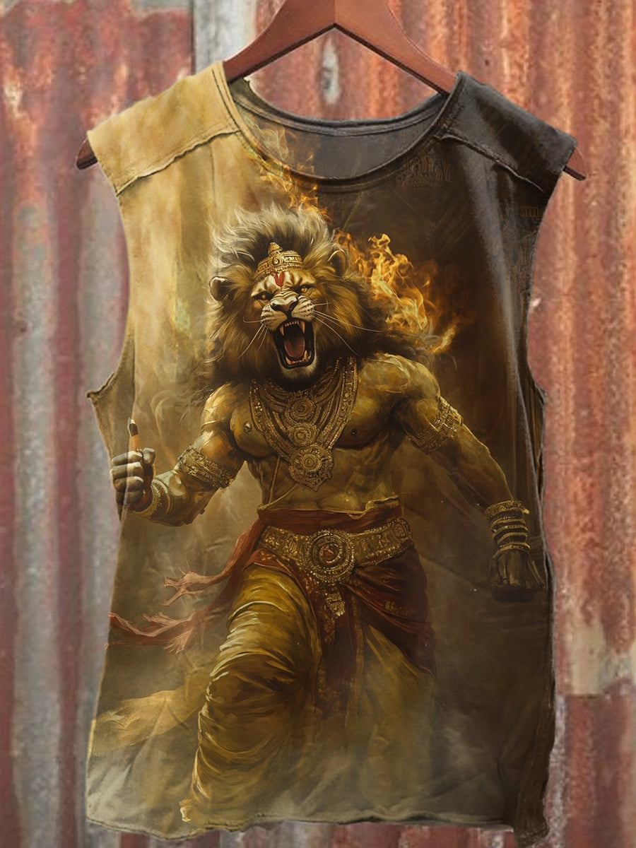 Retro Ferocious Lion Art Print Casual Cotton Tank Top