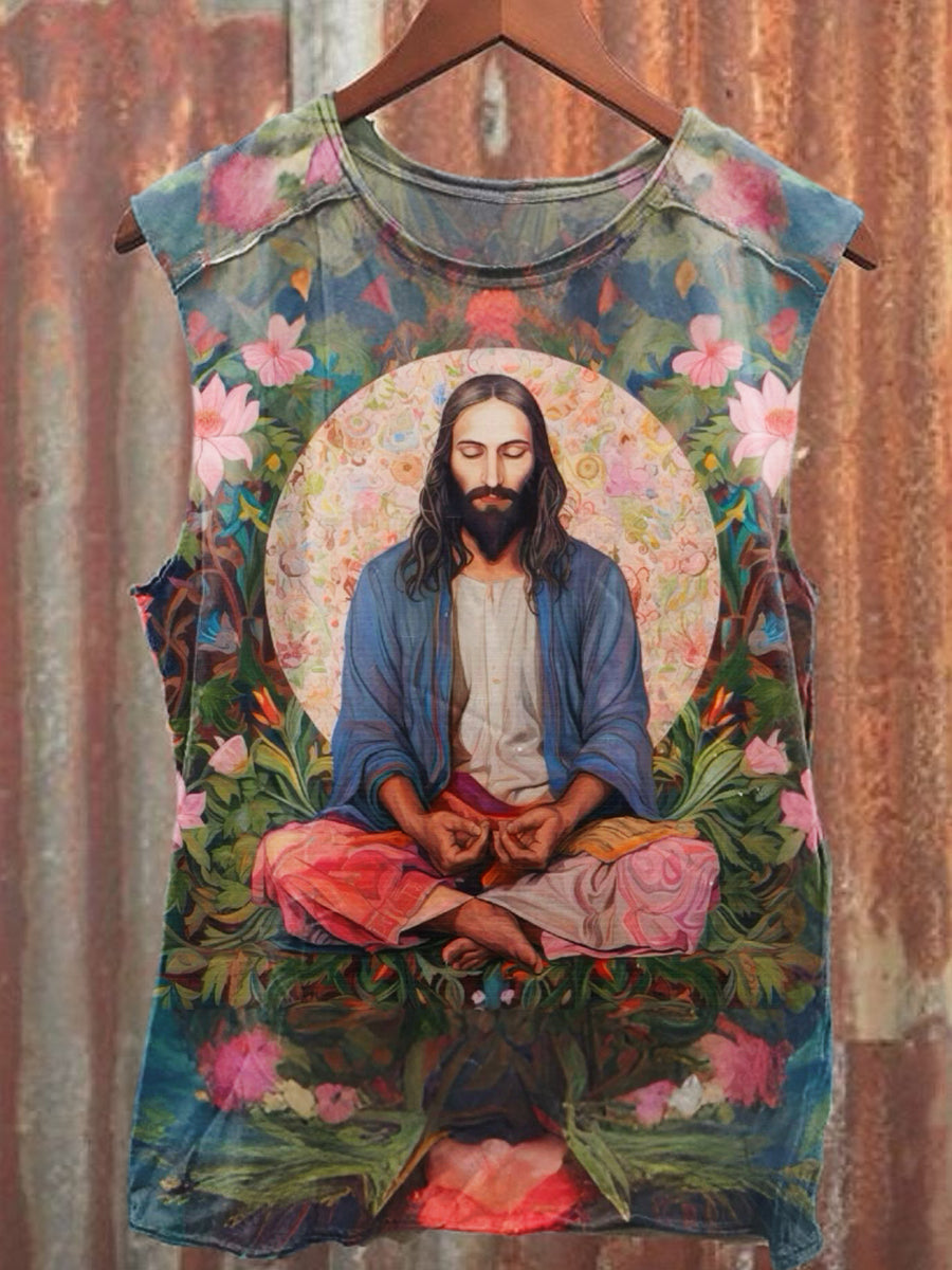 Retro Jesus Illustration Art Print Casual Cotton Tank Top