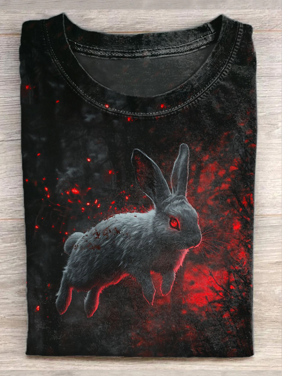 Fashion Easter Bloody Bunny Illustration Art Print Casual Short Sleeve T-Shirt