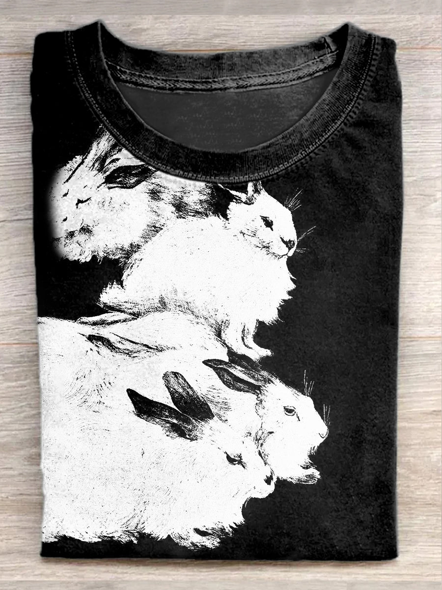 Fashion Easter Bloody Bunny Illustration Art Print Casual Short Sleeve T-Shirt