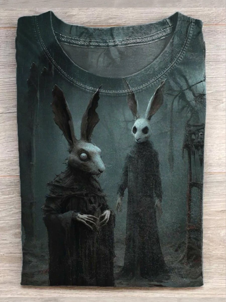 Fashion Easter Bloody Bunny Illustration Art Print Casual Short Sleeve T-Shirt