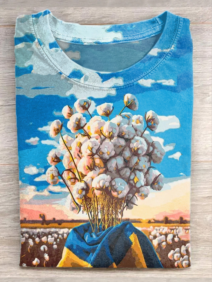 Blue And Yellow Peace Art Print Crew Neck T-Shirt