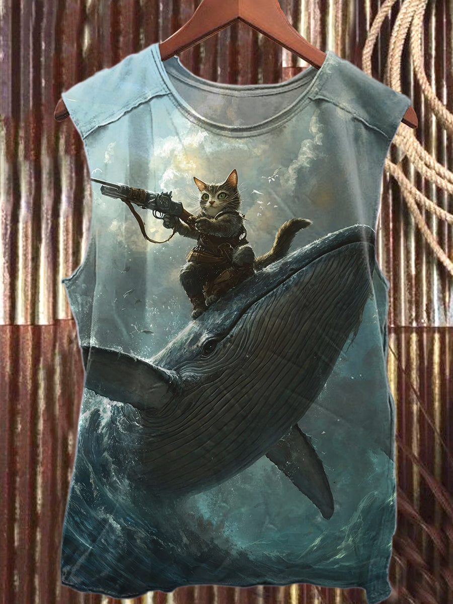 Retro Fashion Cat Illustration Art Print Cotton Tank Top