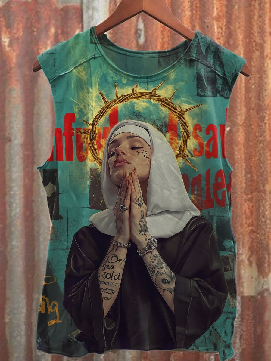 Vintage Mystic Nun Art Print Casual Cotton Tank Top