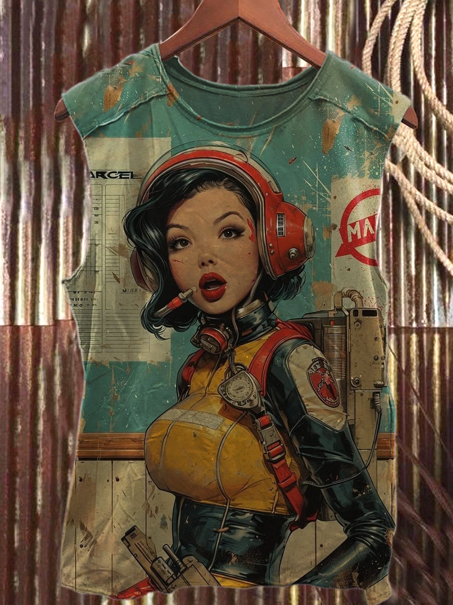 Vintage Art Print Casual Cotton Tank Top