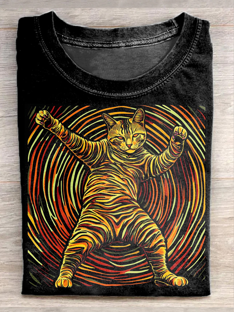 Vintage Cute Cat Art Print Casual T-Shirt