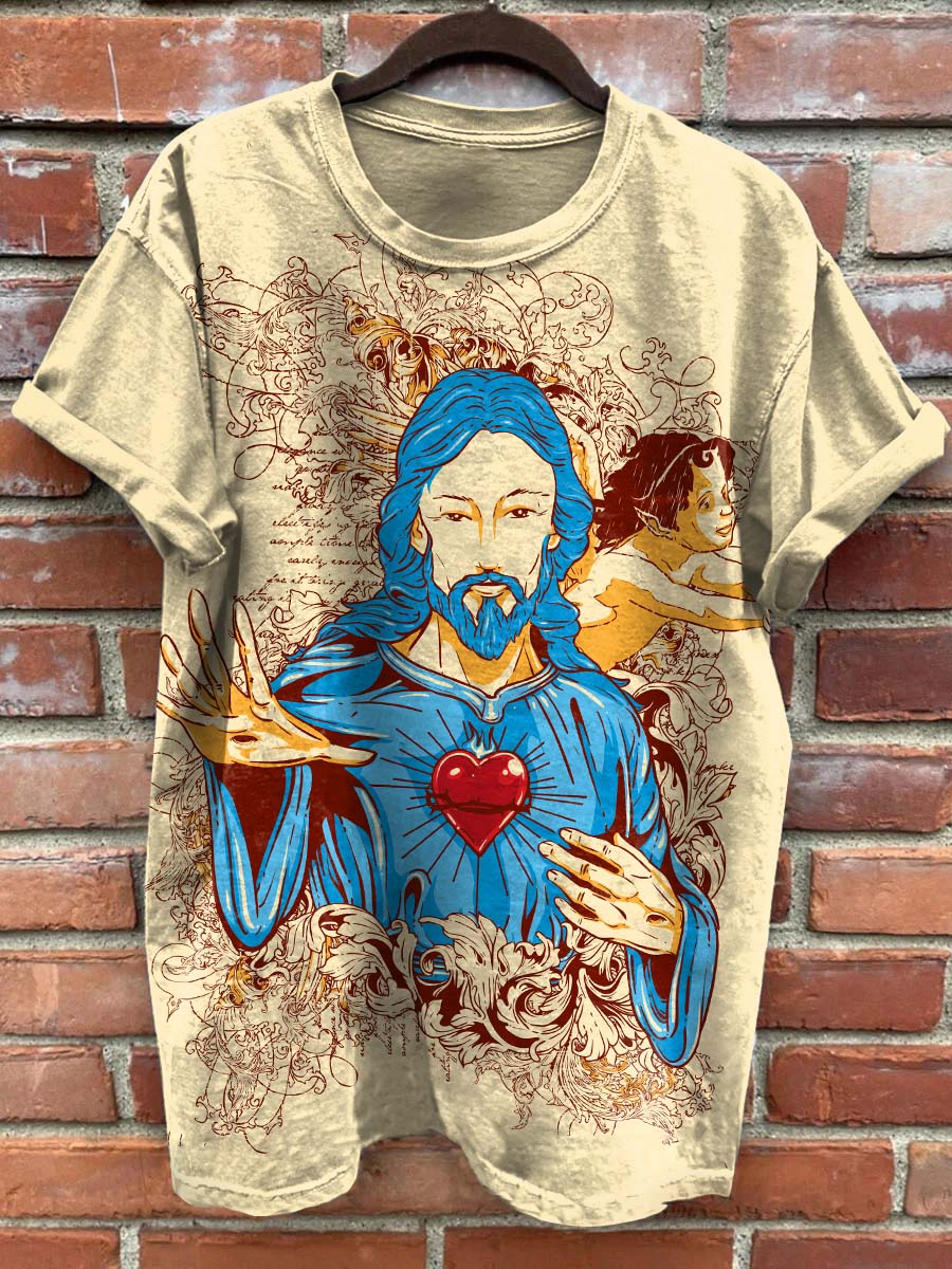 Retro Fashion Jesus Art Print Casual Short Sleeves