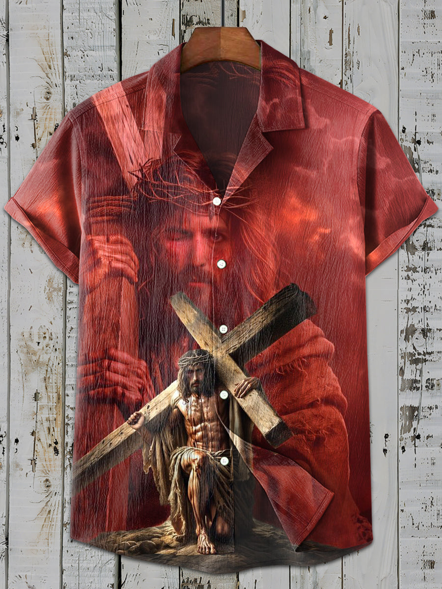 Retro Fashion Jesus Print Casual Short Sleeve Shirt