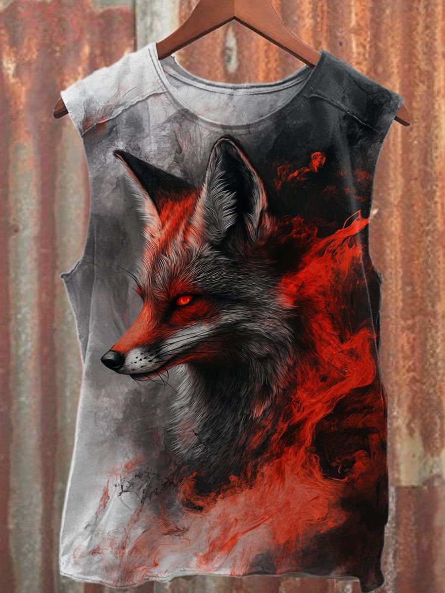 Vintage Fox Illustration Print Casual Tank Top
