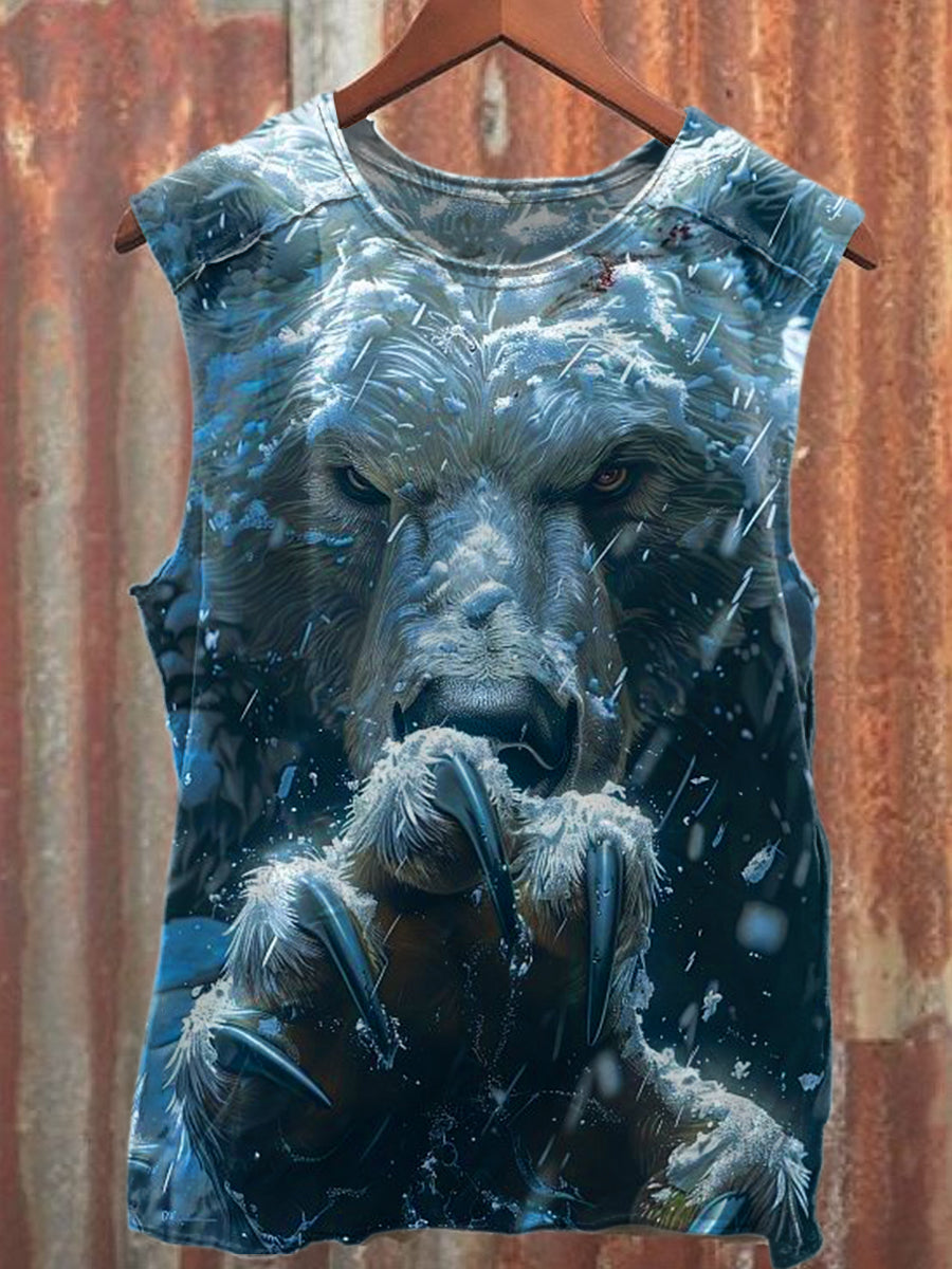 Retro Giant Bear Illustration Printed Casual Tank Top