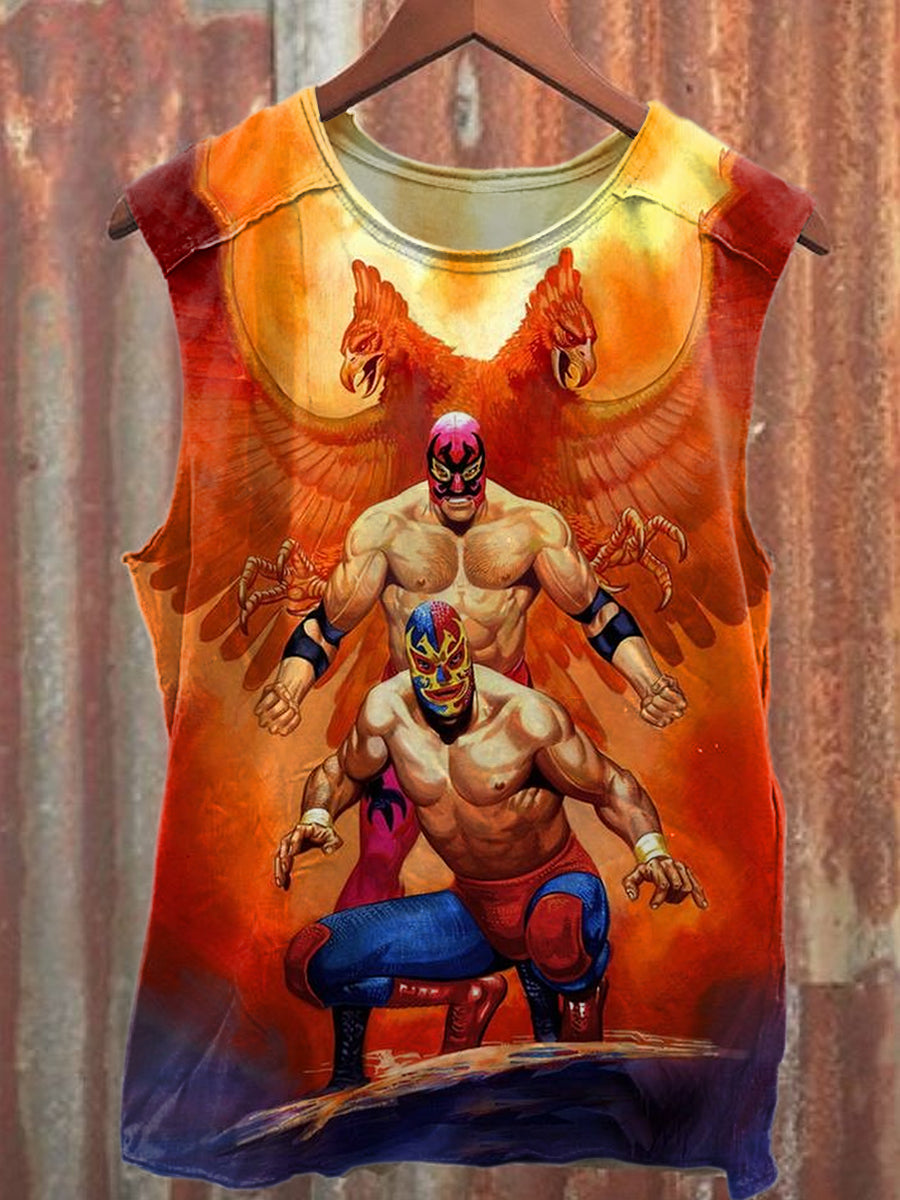 Retro Fashion Wrestling Match Illustration Printed Casual Tank Top