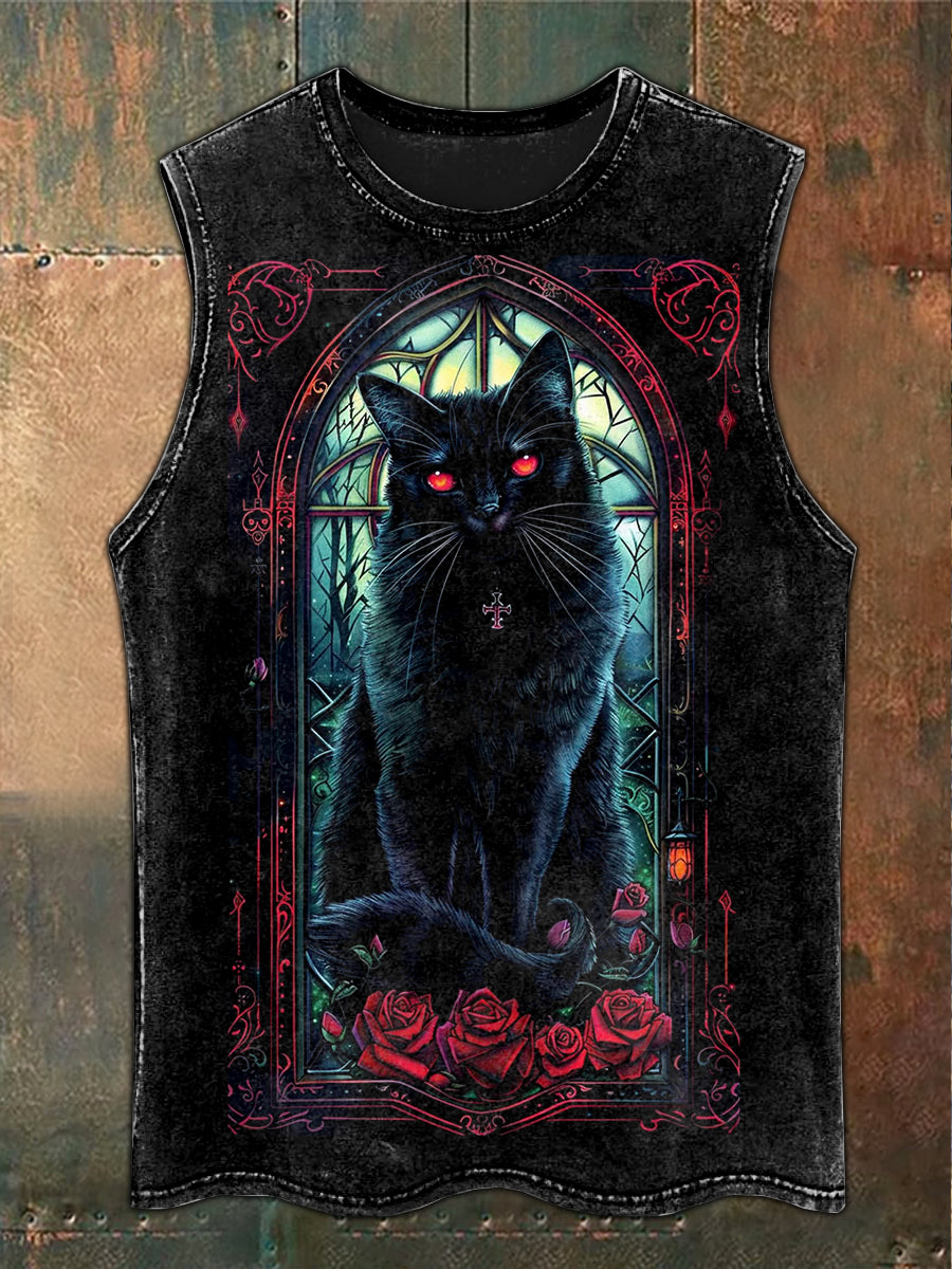 Retro Mystical Folk Black Cat Art Print Casual Tank Top