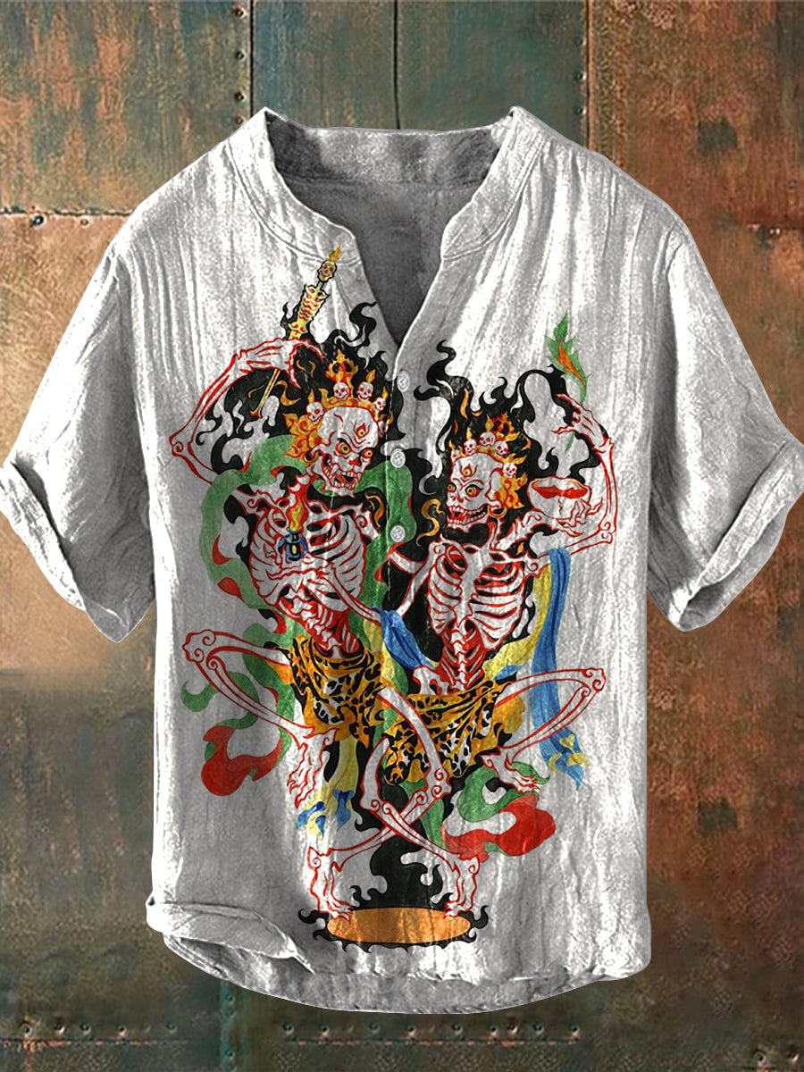 Retro Mystical Folk Skull Art Print Casual Shirt