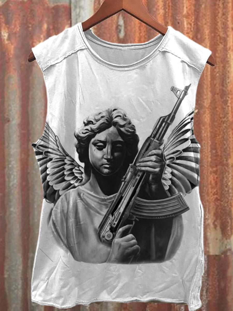 Vintage Black Angel Art Print Cotton Tank Top