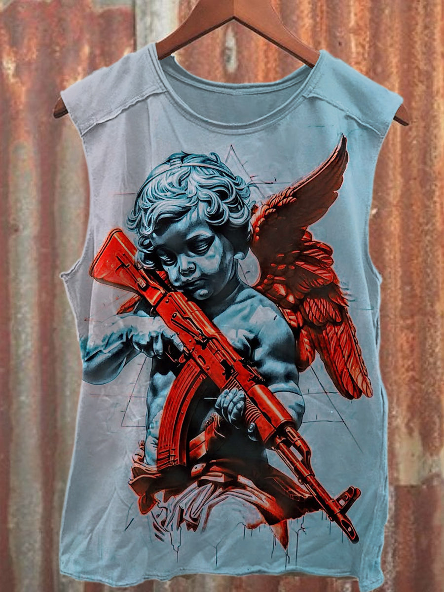 Vintage Black Angel Art Print Cotton Tank Top