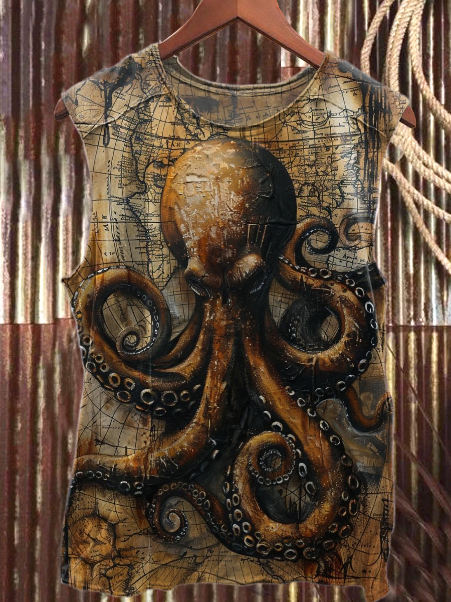 Vintage Nautical Octopus Graffiti Art Print Casual Tank Top
