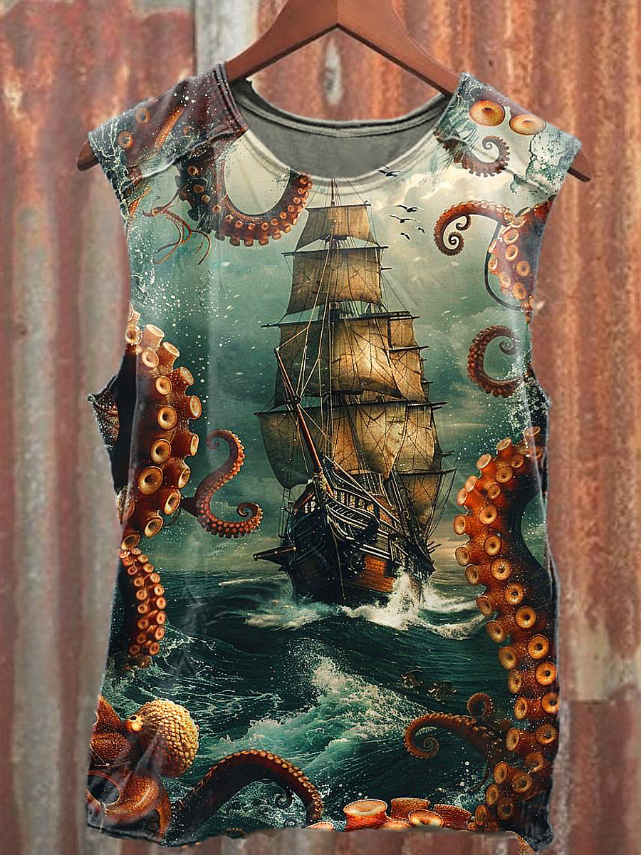 Men's Casual Pirate Boat Printed Tank Top