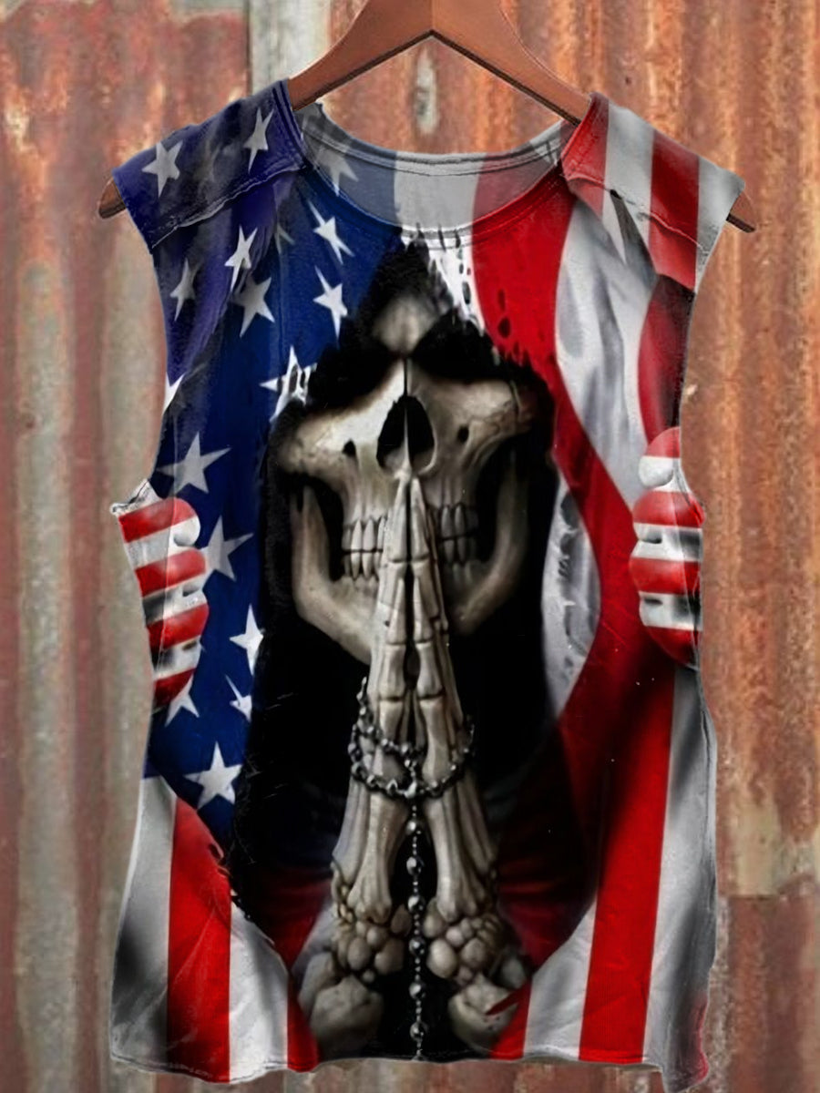 Retro Independence Day Skull Art Print Casual Cotton Tank Top