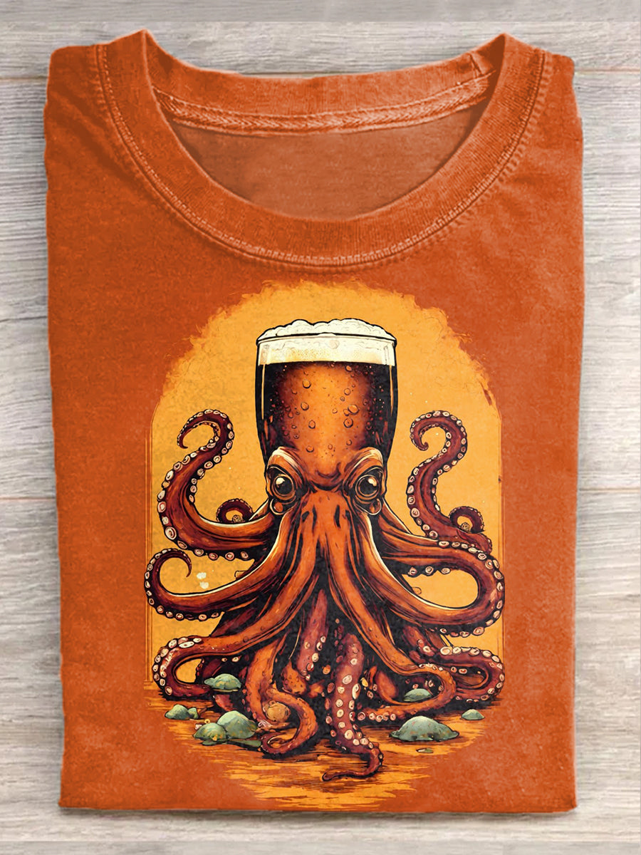 Retro Beer Squid Art Print Casual T-Shirt