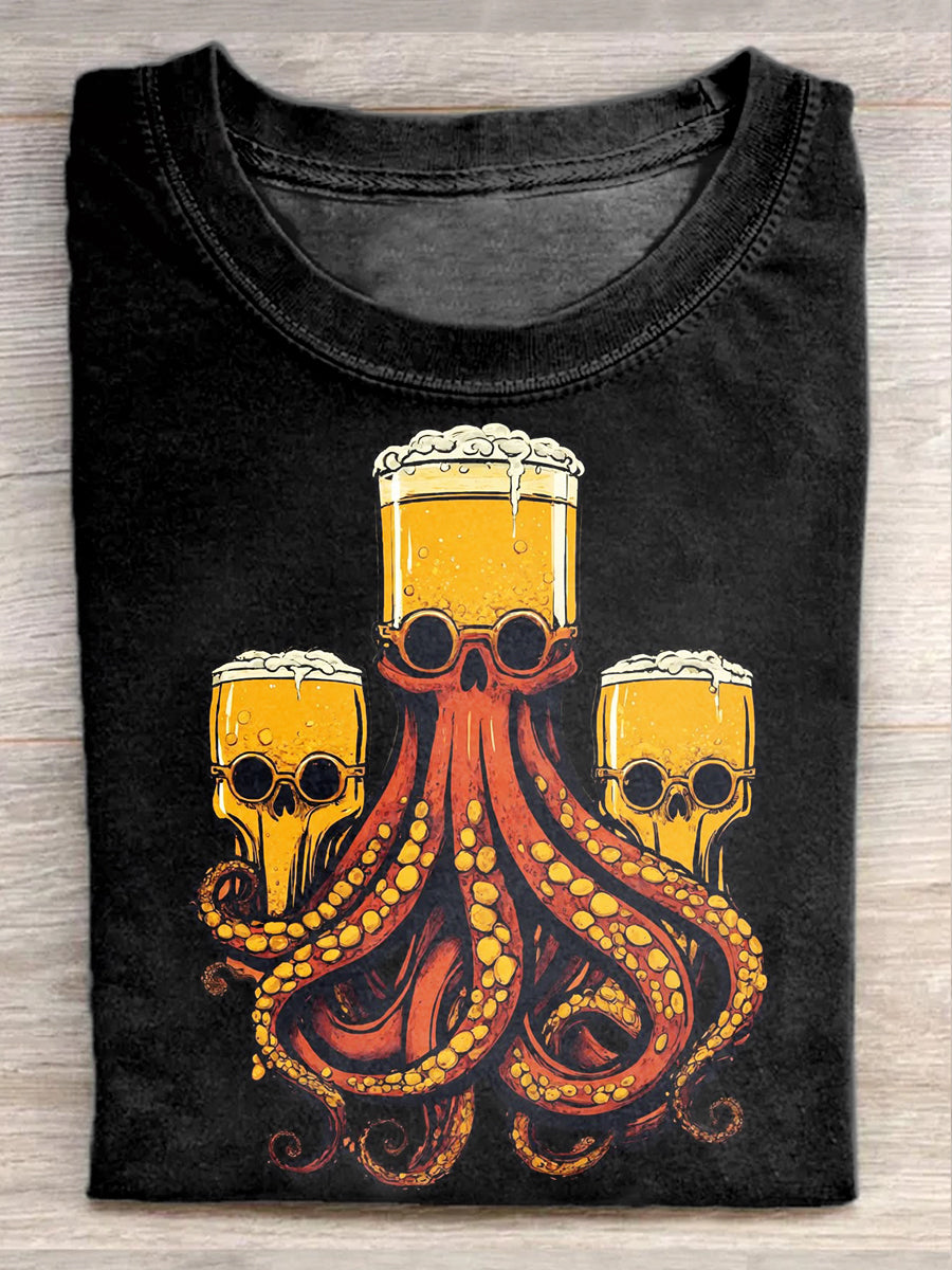 Retro Beer Squid Art Print Casual T-Shirt