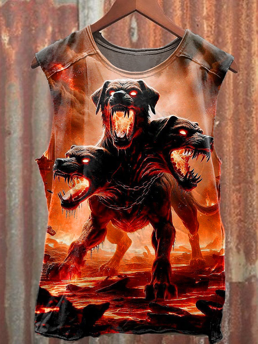 Men's Casual Three Headed Dog Printed Tank Top