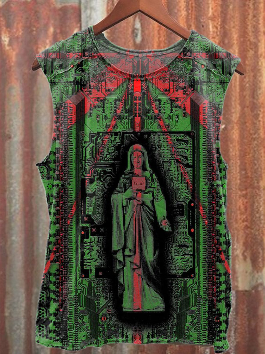 Retro Illustration Print Casual Loose Tank Top