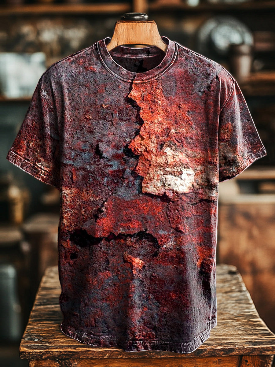 Unisex Retro Aged Rust Printed Casual Loose Short Sleeve T-Shirt