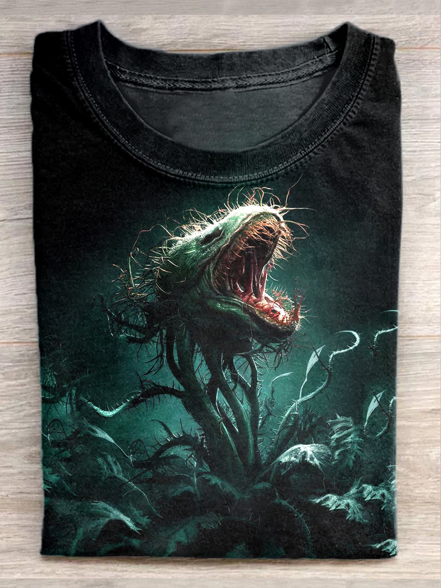 Man-Eating Plant Illustration Printed Casual Loose T-Shirt