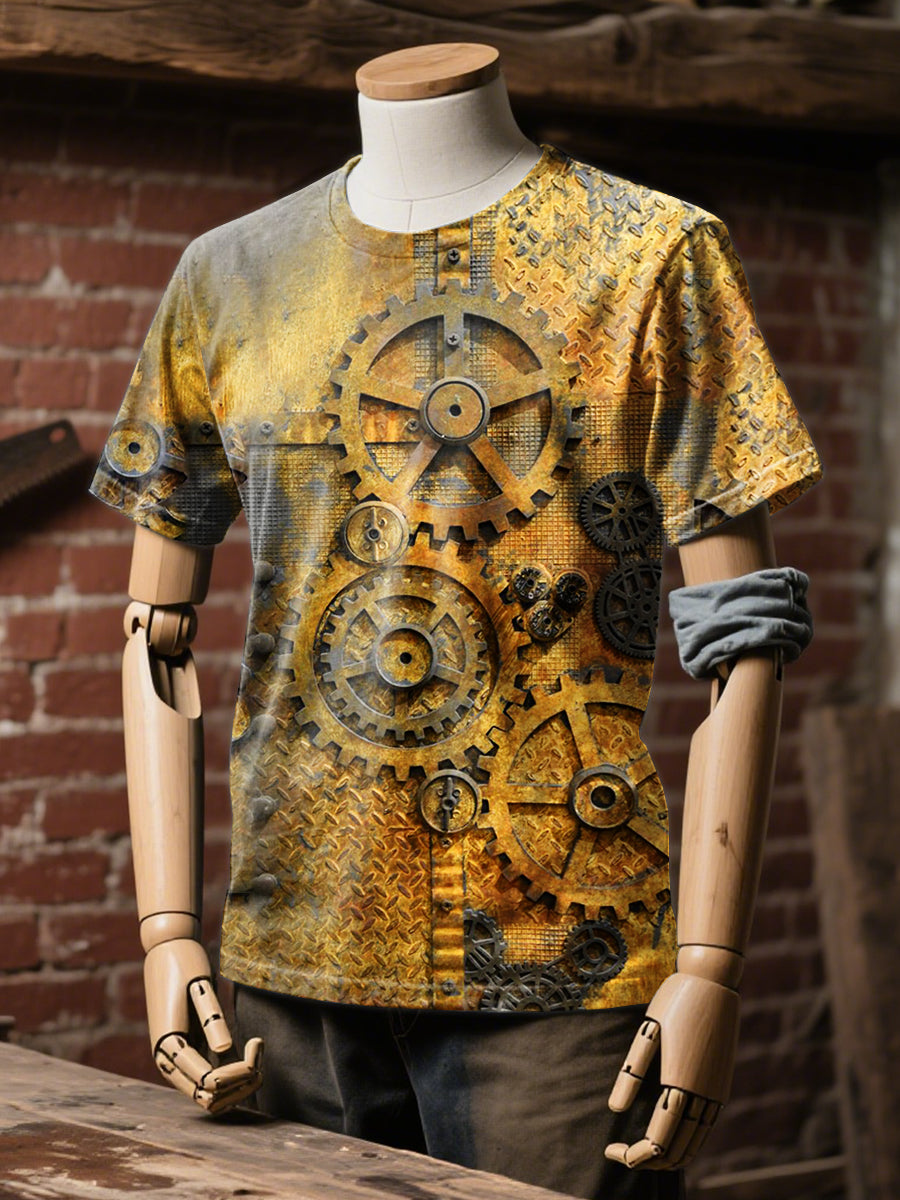 Industrial Style Rusty Mechanical Print Casual Loose T-Shirt