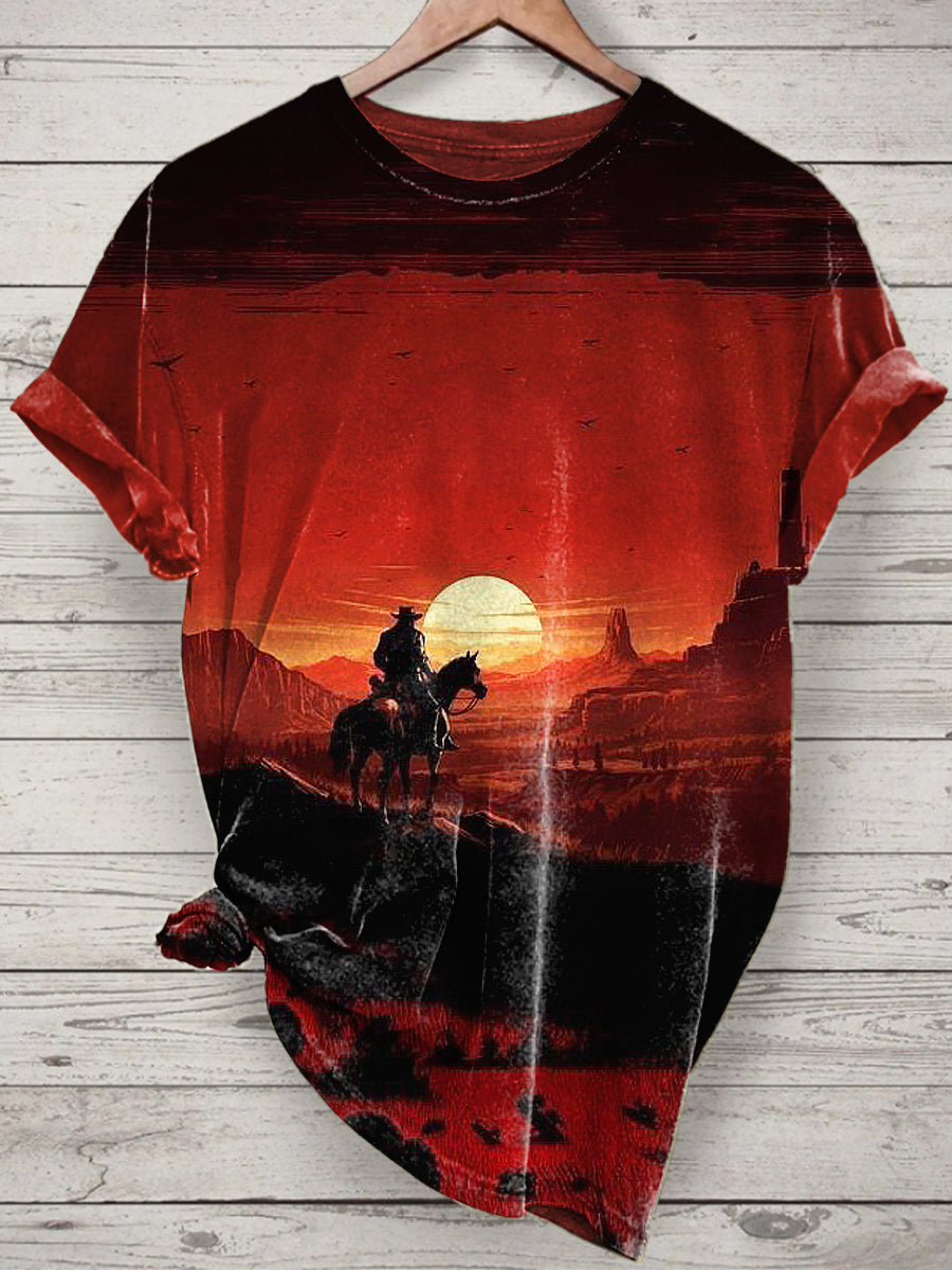 Cowboy Printed Vintage Fashion Loose Short Sleeve T-Shirt