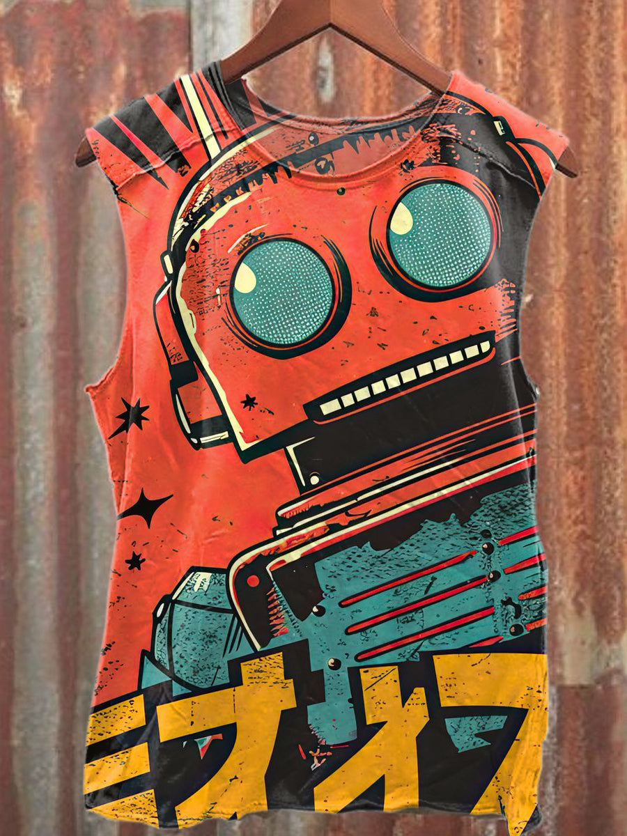 Retro Robot Art Print Casual Cotton Tank Top