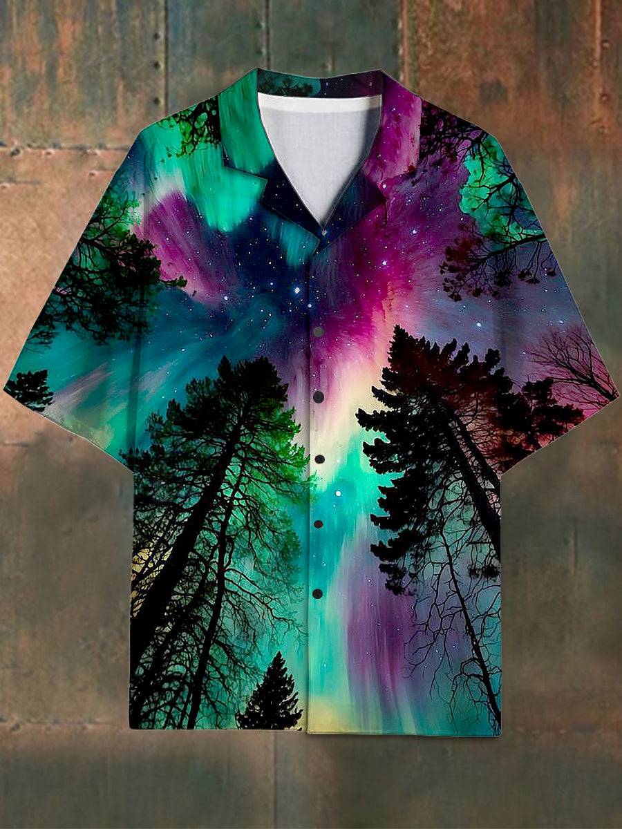 Men's Vintage Aurora Pattern Stand Collar Short Sleeve Shirt