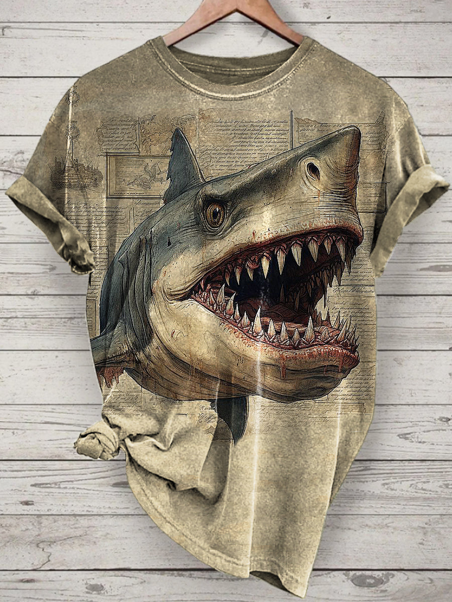 Shark Printed Vintage Fashion Loose Short Sleeve T-Shirt