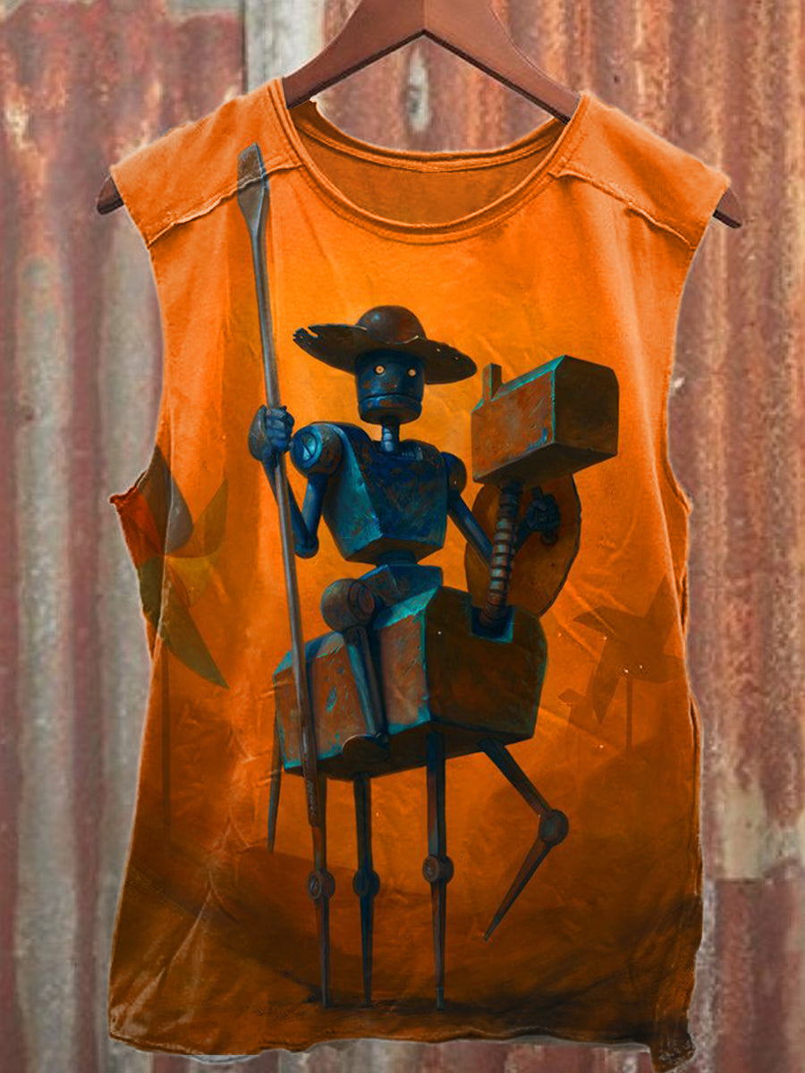 Retro Robot Printed Casual Cotton Loose Tank Top