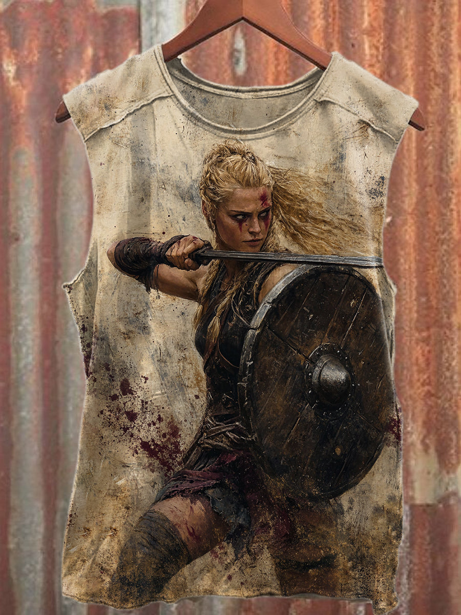 Nordic Female Warrior Print Casual Cotton Loose Tank Top