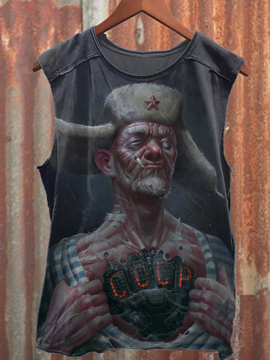 Vintage Abstract Bomb Print Loose Cotton Tank Top