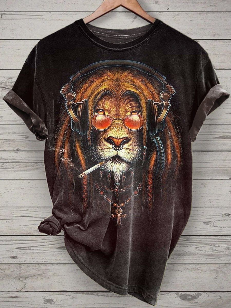 Smoking Lion Printed Vintage Fashion Loose Short Sleeve T-Shirt