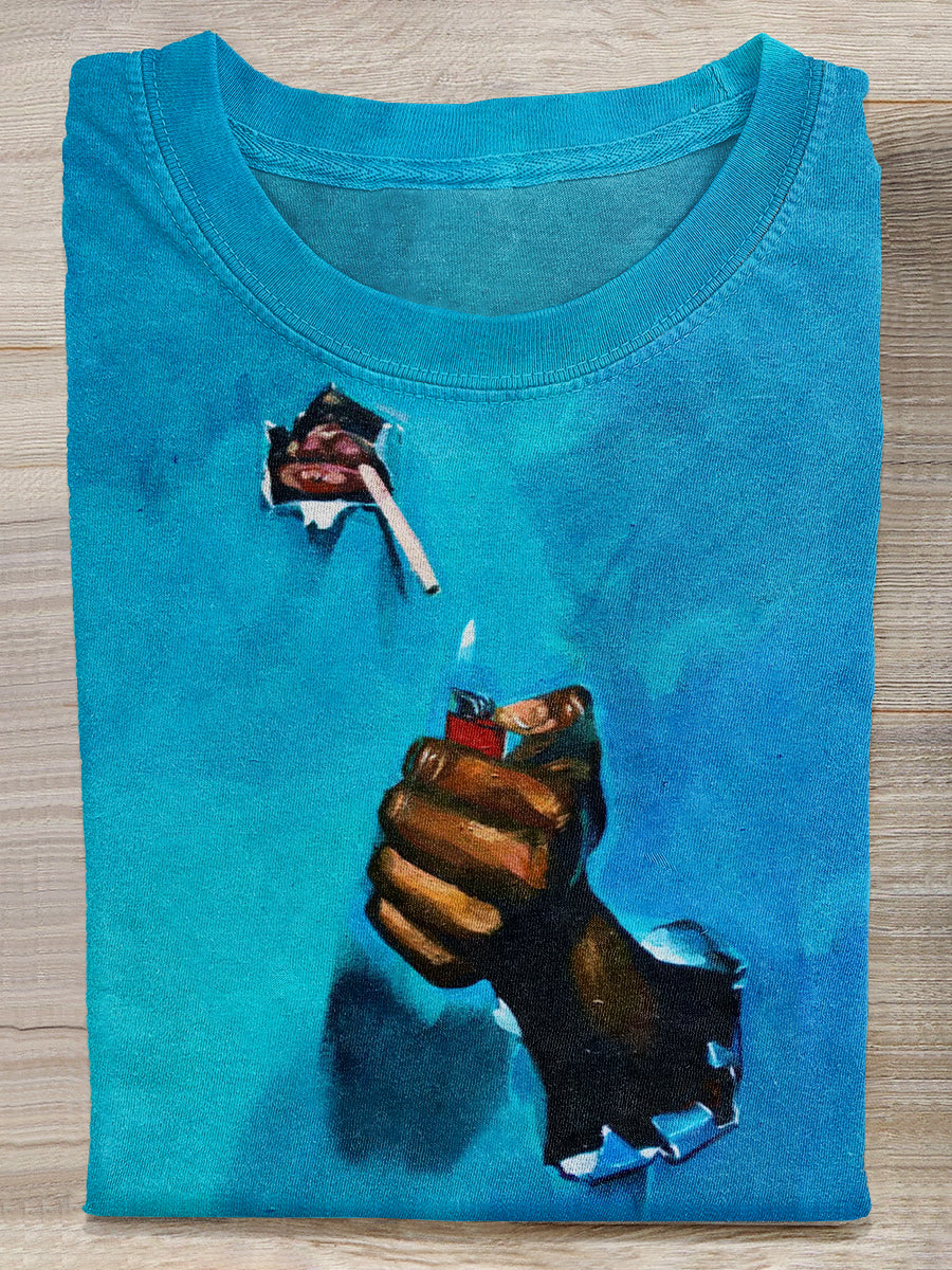 Retro Abstract Smoking Print Stylish Loose T-Shirt