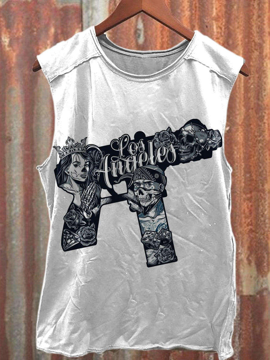 Ornately Engraved Graffiti Printed Casual Loose Cotton Tank Top