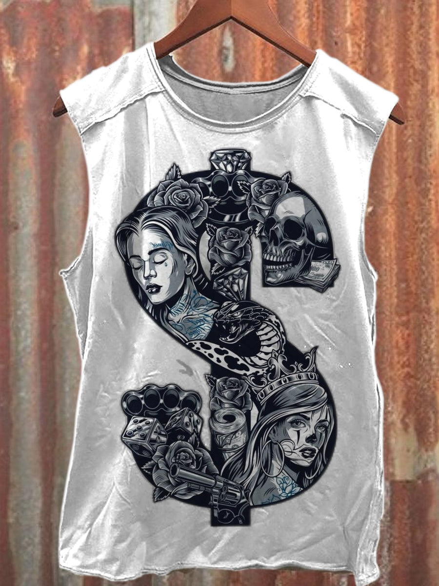 Ornately Engraved Graffiti Printed Casual Loose Cotton Tank Top