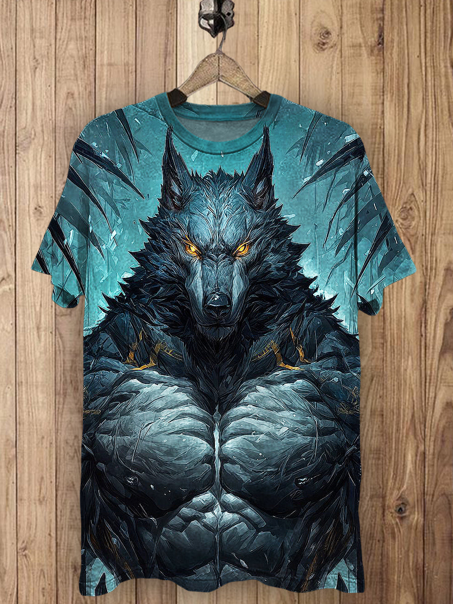 Muscle Wolf Printed Vintage Fashion Loose Short Sleeve T-Shirt