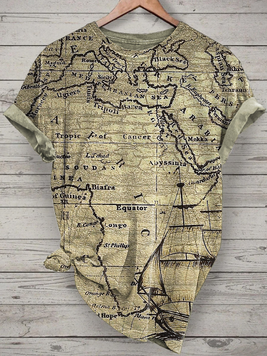 Nautical Map Printed Vintage Fashion Loose Short Sleeve T-Shirt