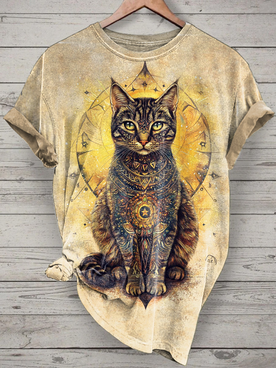 Unisex Mysterious Cat Printed Vintage Fashion Loose Short Sleeve T-Shirt