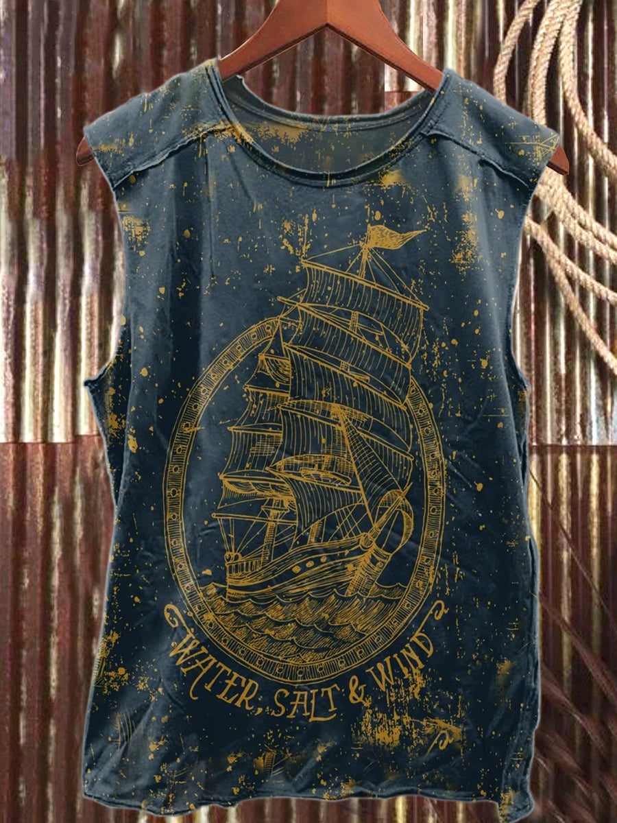 Retro Pirate Print Loose Cotton Tank Top