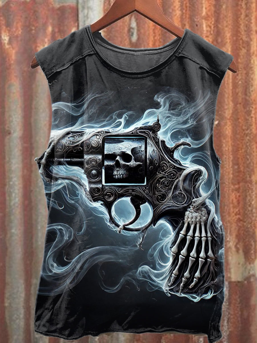 Vintage Skull And Pistol Print Loose Cotton Tank Top